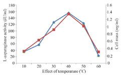 <p>Figure 2. Effect of temperature on growth and L-asparaginase production.</p>