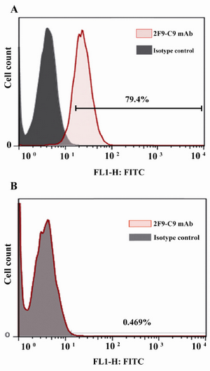 Figure 5. Flow cytometric analysis of intracellular ferritin expression in Hela; A) and HepG2; B) cells using 2F9-C9 mab