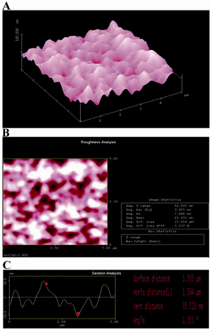 Figure 1. AFM image of agarose-PLL coating: A) three-dimensional image: B) roughness analysis of surface (two-dimensional image) and C) section analysis of agarose-PLL coating