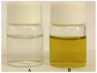 Figure 2. Solutions of silver nitrate (1 mM) before (A) and after exposure to the geraniol (B) heated in microwave oven (850 W) for 40 sec