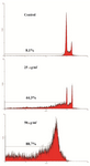 Figure 5. Estimation of apoptotic effect of O. erinaceus crude polysaccharide on cervical cancer cells by flow cytometry. Flow cytometry histogram of untreated and treated HeLa cells showed that inhibitory concentrations of extracted polysaccharide (25, 50 µg/ml) increased sub-G1 peak demonstrating involvement of apoptotic cells in cytotoxicity of brittle star polysaccharide.