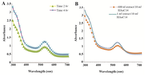 <p>Figure 2. UV-Visible spectra of AgNPs at different time intervals. A) UV-Visible spectra of GNPs at different extract concentrations; B) the sharp peak in 530 <em>nm</em> appeared in UV-Visible spectrum.</p>