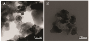 <p>Figure 5. TEM images of &alpha;-alumina, A) &alpha;-alumina particles modified with benzaldehyde compound (&times;80,000), and B) &alpha;-alumina particles conjugated with CPA, CPB (80,000).</p>
