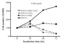 <p>Figure 2. MOLT-4 cells cultured under different conditions (with MSC, with CoCl<sub>2</sub>, with MSC and CoCl<sub>2</sub>) counted by trypan blue at 0, 24, 48, 72 <em>hr</em>.</p>