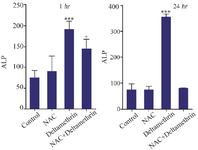 <p>Figure 4. Effect of NAC, Deltamethrin, and NAC+Deltamethrin on ALP enzyme level in the serum of drug-treated mice 1 and 24 <em>hr</em> after receiving the treatments. Control group received 0.5 <em>ml</em> normal saline 0.9%, intervention groups received NAC (160 <em>mg/kg</em>), Deltamethrin (50 <em>mg/kg</em>), and NAC plus Deltamethrin. Data are given as mean&plusmn;SD (n=8). Asterisks ***, and <sup>+</sup> represents significantly different p&lt;0.001, and p<em>&lt;</em>0.05 as compared with the control and NAC groups, respectively.</p>
