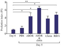 <p>Figure 5. Comparison of Proliferation Index (PI) in guinea pigs' spleen cells treated with RB51, ABOR+Chitin, ABOR protein, Chitin, and PBS groups on days 0 (before treatment), and the calculated PI [OD of test sample&minus;OD of negative control/OD of negative control].</p>