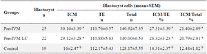 <p>Table 3. Effects of Pre-IVM and Pre-IVM + LC on blastocyst cell number</p>
<p>a, b) Numbers with different lowercase letters in the same column are significantly different (p&lt;0.05). ICM; Inner Cell Mass, TE; Trophectoderm.</p>
