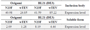 <p>Table 2. The expression level of wild and mutant forms of TEV protease in various host cells in optimised culture conditions</p>
<p>Expression level is compared with albumin in the known concentration in <em>&micro;g/ml</em>.</p>